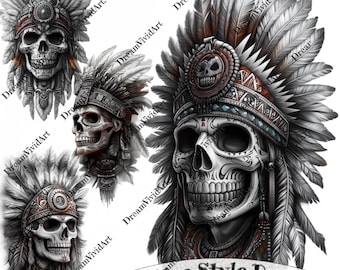 Indiase schedel tattoo-ontwerp, digitale clipart, Azteekse schedel-illustraties, tattoo-clipart, tattoo-kunstwerk