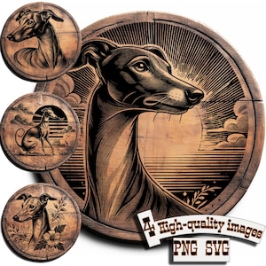 Könnte beinhalten: Eine digitale Illustration eines Windhundes auf einem Holzgrund. Der Hund ist im Profil, mit dem Kopf zur Seite gedreht. Der Hintergrund ist eine stilisierte Darstellung eines Sonnenuntergangs über einem Gewässer. Das Bild ist in Schwarzweiß.