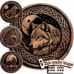 Op de afbeelding: Vier digitale afbeeldingen van een wolfskop in een Keltisch knoopontwerp met een volle maan op de achtergrond. De afbeeldingen zijn in PNG- en SVG-formaat.