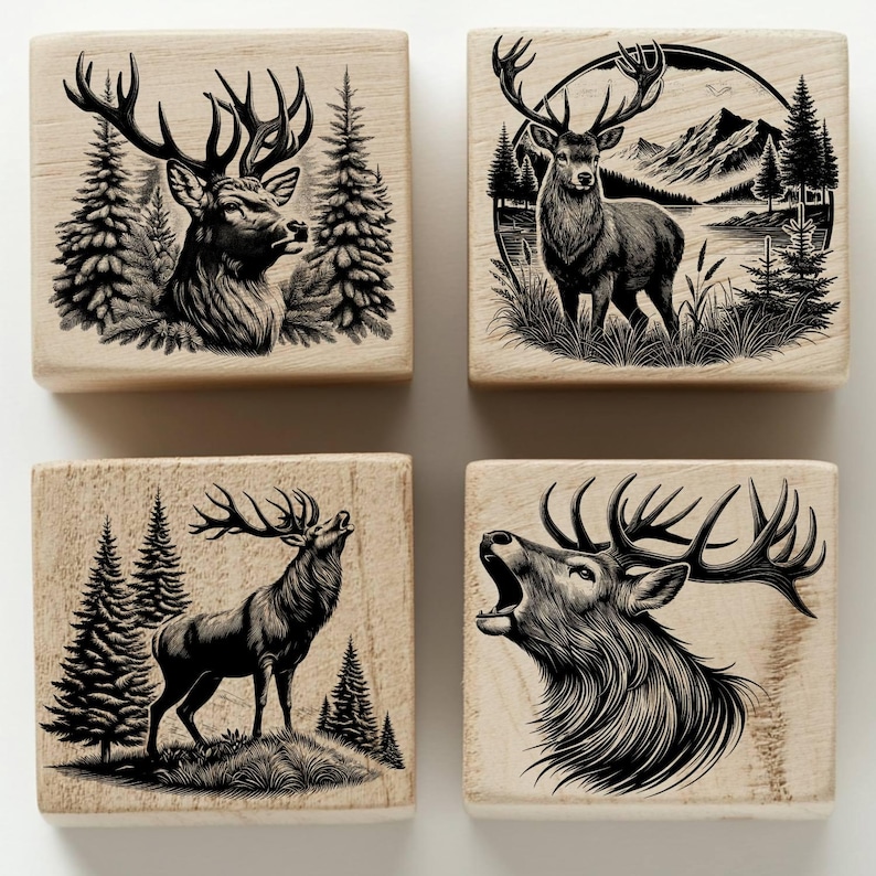 May include: Four wooden blocks with black and white illustrations of a stag or deer in a forest setting. The stag is depicted in various poses, including standing, walking, and roaring.