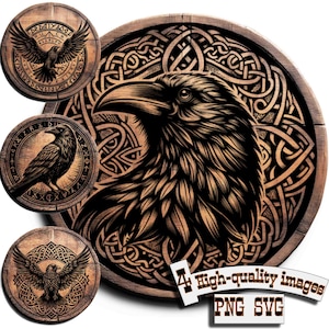 May include: A black raven with intricate details is depicted on a wooden round sign with a Celtic knot design. The raven is facing right and has its wings spread out. The sign is surrounded by a brown wooden frame.