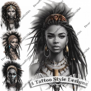 Peut inclure: Quatre designs de tatouage en noir et blanc représentant des femmes avec des coiffures et des bijoux élaborés. Les designs sont de style tribal et présentent des lignes audacieuses et des formes géométriques.