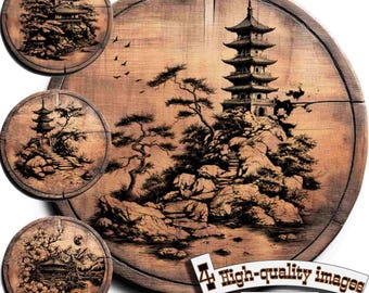 Bundle 4 Japanese house vector for design on wood, t-shirts, slate, canvas, mugs, laser engraving. PNG/SVG Сutting board
