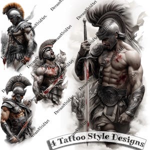 Könnte beinhalten: Vier Tattoo-Designs mit römischen Gladiatoren in verschiedenen Posen. Die Gladiatoren sind in einem realistischen Stil mit detaillierter Rüstung, Waffen und Muskulatur dargestellt. Die Designs sind in Grautönen und Schwarz mit roten Spritzern gehalten.