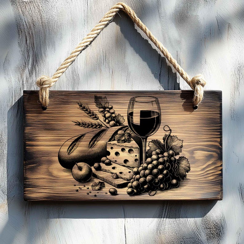 Op de afbeelding: Een houten bord met een gebrande afwerking heeft een handgetekend ontwerp van een glas rode wijn, een brood, kaas en druiven. Het bord heeft een touwbevestiging.