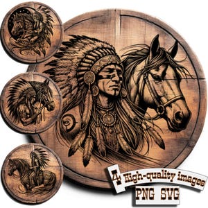 May include: A black and white illustration of a Native American man wearing a headdress and a horse. The image is on a wooden background.