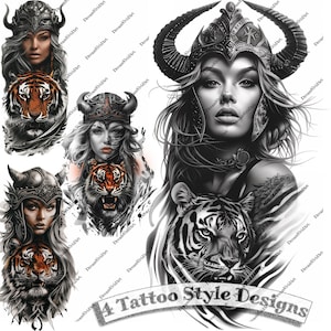 May include: Four tattoo designs featuring a woman with a horned helmet and a tiger. The designs are in black and white with a touch of orange in the tiger's fur.
