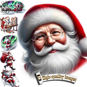 6 imágenes PNG de Papá Noel para Navidad: Imprimibles de sublimación de acuarela para tarjetas navideñas de Año Nuevo