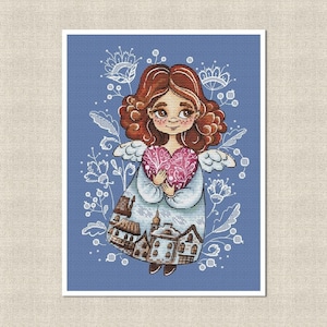 Patrón de punto de cruz Pequeño ángel lindo sobre fondo de encaje de estilo ucraniano - Idea única de regalo de cumpleaños, descarga digital instantánea PDF