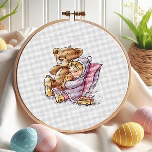 Lieve babymeisje en teddybeer kruissteek: perfect voor pasgeboren babykamerinrichting, schattig metrisch ontwerp, dochterportret, digitale download pdf