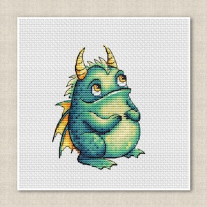 Cute Monster Cross Stitch Pattern, Mythical Creature Design - Magical marsh spirit, nursery Embroidery decor, digital instant download, pdf