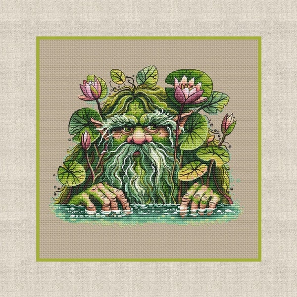 Fantasy Fairy Tale creature Bolotyanyk Cross Stitch Pattern, Swamp man, Modern Hand Embroidery Design, Nursery Decor, Instant Download PDF,