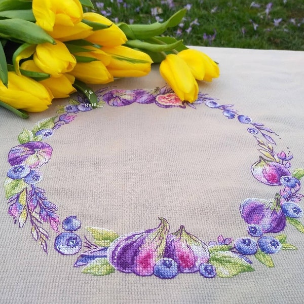 Bright Purple Juicy Wreath Cross Stitch Pattern with Blueberries, Figs and flowers, stylish kitchen decor, Ukraine digital instant download