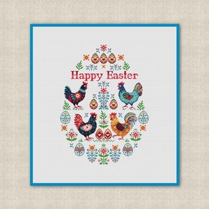 Peut inclure: Un motif de point de croix représentant un œuf de Pâques coloré avec des poules et des fleurs. Le texte "Happy Easter" est au centre du motif.
