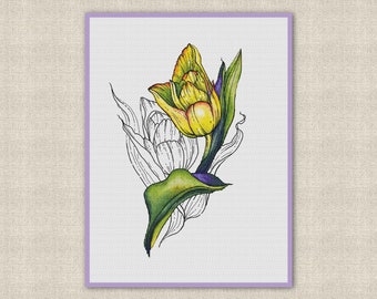 Elegant Yellow Tulip Cross Stitch: Graphic Watercolor Design, Spring home Decor, Ukraine digital instant download