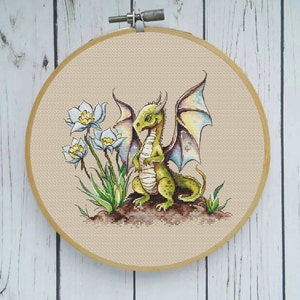 Magical Dragon in Daffodils Cross Stitch Chart - Fantasy Needlework Project, nursery decor, modern embroidery, digital instant download, pdf