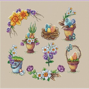 Oster Stickbild, Kreuzstichmuster mit Blumen und Eiern: Frühlingshaftes Kreuzstichmuster, Osterkarte, Osterkarte, Osterkarte, Osterkarte, digitaler Download, pdf