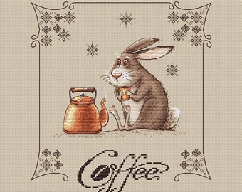 Motif de point de croix lapin café avec théière dans cadre Blackwork - motif de broderie bricolage pour décoration de cuisine, téléchargement numérique pdf
