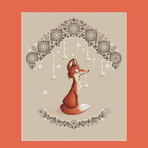May include: A cross-stitch pattern featuring a red fox sitting under a decorative archway with hanging stars. The fox is looking up at the stars. The background is a light beige color.