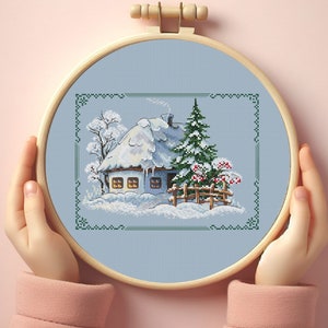 Winter Hut Cross Stitch Pattern - Ukrainian Folk Art Design, Christmas Wall Decor, cozy house embroidery, digital  Instant Download PDF