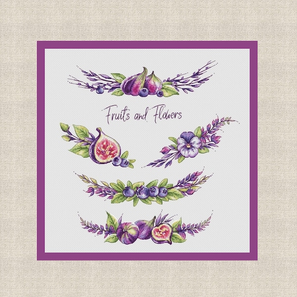 Figs and Lavender Cross Stitch Sampler - Vibrant Purple and Magenta Embroidery Design of delicious fruits, digital instant download, pdf