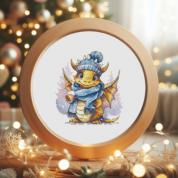 Cappuccino Dragon Cross Stitch Pattern - Charming design of little cute dragon with coffee, Winter Decor, Ukraine Instant digital Download