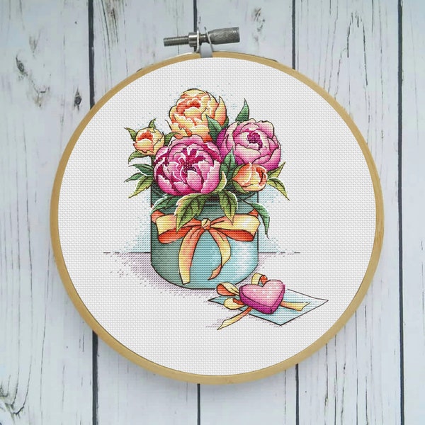 Cross stitch pattern "Bouquet for my sweetheart" - Romantic Peonies in present Box,  lovely gift, Ukraine digital instant download