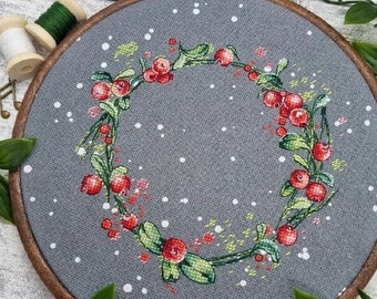 Lingonberry Wreath Cross Stitch Pattern, Nordic Delight  elegant design for kitchen, delicate berry wreath, digital instant download pdf