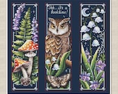 Dark Academia Cross Stitch Bookmark Pattern Set, Night Forest Owl Embroidery chart, digital download PDF, Mushroom & Moth Cross Stitch Trio