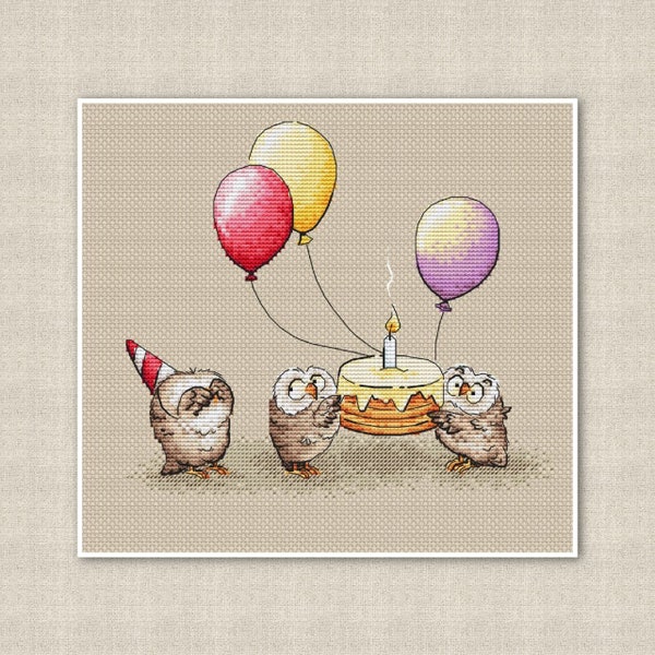Funny Owl Birthday Cross Stitch Pattern with Cake and Balloons, modern hand embroidery,  birthday gift idea,  Ukraine digital download, pdf