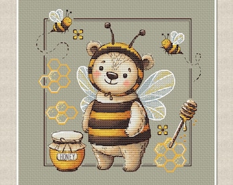 かわいいクマの子のハニークロスステッチパターン | フープ刺繍 | PDF