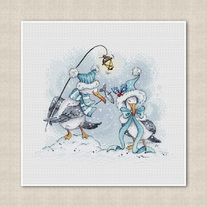 May include: Two cartoon seagulls wearing winter hats and scarves stand in a snowy scene. One seagull holds a lantern on a stick, while the other holds a small fish.