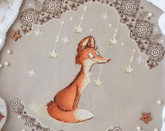 Wzór haftu krzyżykowego na wisior z lisem trzymającym gwiazdę, ramka Blackwork – projekt do samodzielnego haftu, stylowy wystrój domu, cyfrowe pobieranie natychmiastowe, plik PDF