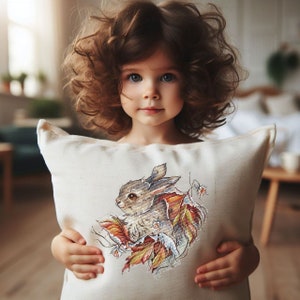 Peut inclure: Un oreiller blanc avec un lapin brun brod&eacute; dessus entour&eacute; de feuilles d'automne. L'oreiller est tenu par une jeune fille aux cheveux bruns boucl&eacute;s.