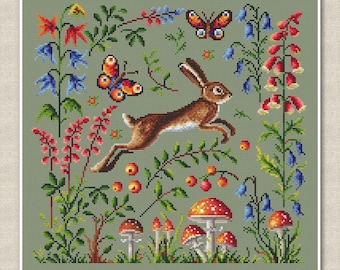 Motif de point de croix lapin et fleurs sauvages, ornements floraux pour une décoration intérieure élégante, broderie de coussin primitive moderne, téléchargement numérique PDF