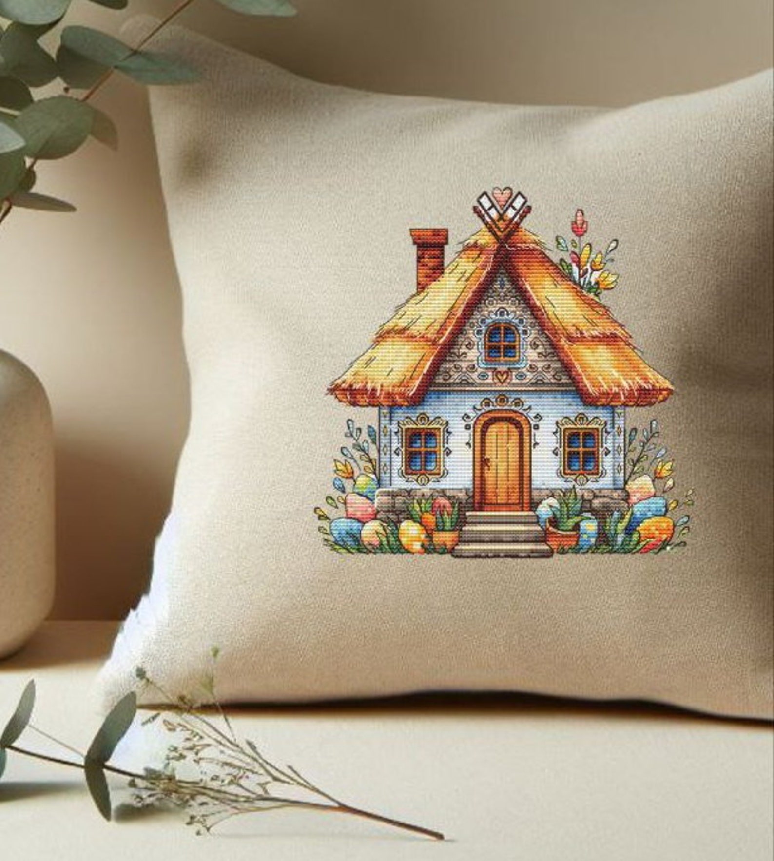 Easter House Cross Stitch Pattern: Ukrainian Hut & Easter Eggs Picture ...