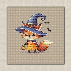 Uroczy mały lis w kapeluszu czarownicy z dyniowym koszykiem wzór, zabawny Halloween krzyżykowy haft, wystrój pokoju dziecięcego, cyfrowy natychmiastowy plik PDF do pobrania