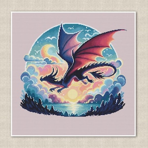 May include: A colorful cross stitch pattern featuring a black dragon flying through a sunset sky with clouds and stars. The dragon has red and purple wings and a long tail.