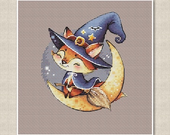Little Witch Fox with Broom on Moon pattern, funny Halloween Cross Stitch, Nursery Decor, modern Pillow Design, Digital instant Download pdf