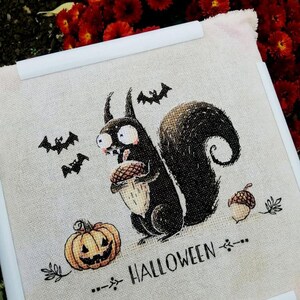 May include: Cross-stitch design featuring a black squirrel holding an acorn, a jack-o'-lantern, and bats. The word "HALLOWEEN" is printed below the squirrel. The design is framed in a white border.