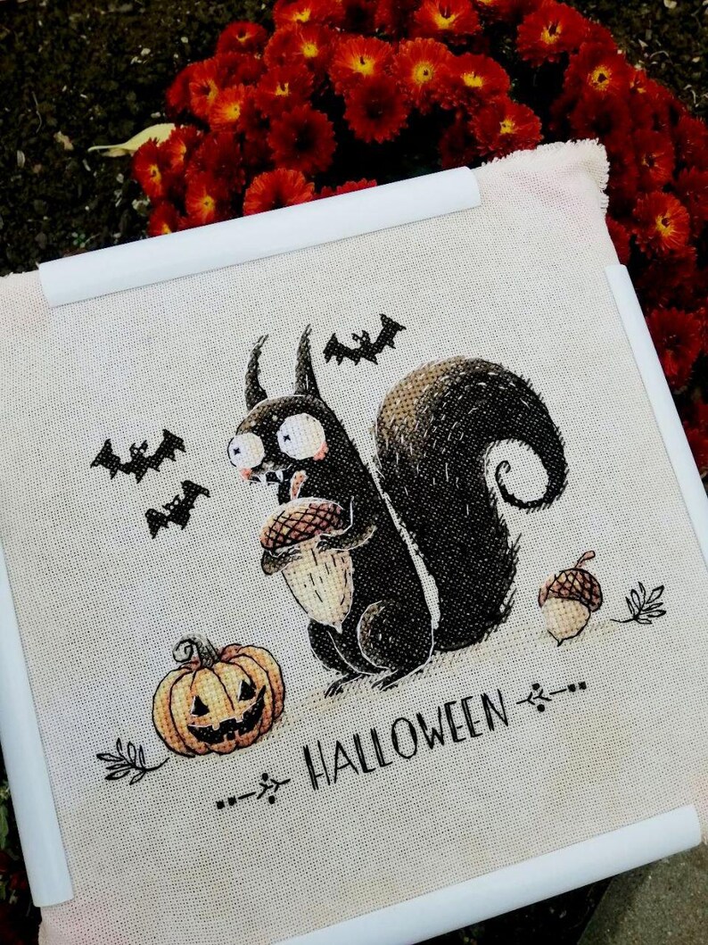 May include: Cross-stitch design featuring a black squirrel holding an acorn, a jack-o'-lantern, and bats. The word "HALLOWEEN" is printed below the squirrel. The design is framed in a white border.