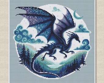 May include: A blue and purple dragon with intricate patterns on its wings flies through a cloudy sky. The dragon is surrounded by a circle of clouds and trees.