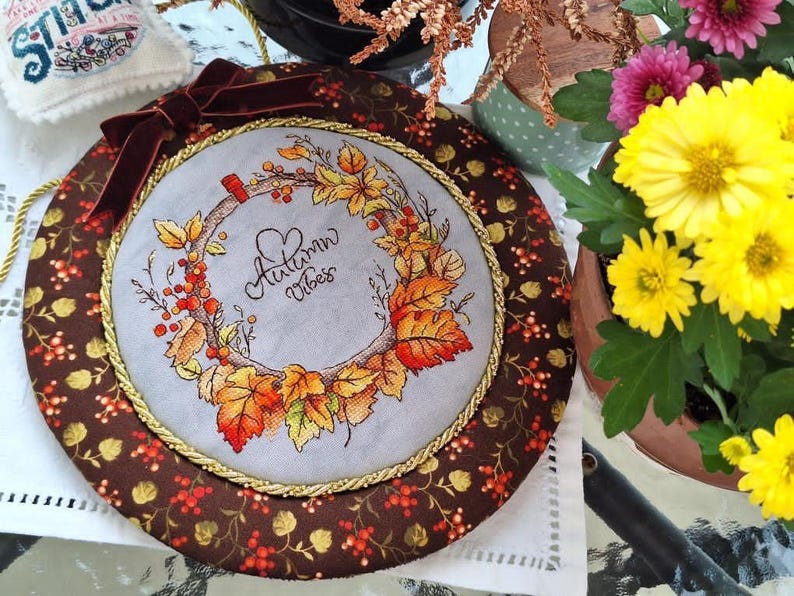 Colorful Autumn Wreath Cross Stitch Pattern: Maple Leaves Pattern for ...