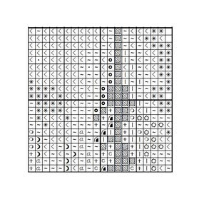 May include: A cross-stitch pattern chart on a white background. The chart features a grid of symbols, including arrows, asterisks, circles, and lines, in black and white. The design is likely for a needlecraft project.