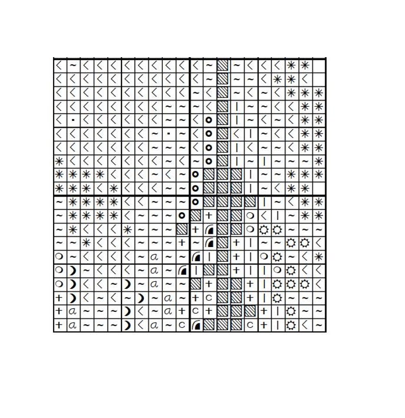 May include: A cross-stitch pattern chart on a white background. The chart features a grid of symbols, including arrows, asterisks, circles, and lines, in black and white. The design is likely for a needlecraft project.