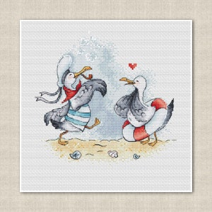 May include: Two cartoon seagulls on a beach, one wearing a red scarf and a blue and white striped shirt, the other wearing a red life preserver. A red heart is above them.
