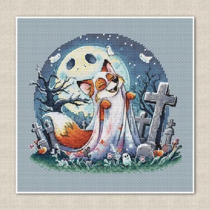 May include: A cartoon fox wearing a white ghost costume stands in a graveyard with a full moon in the background. The fox is smiling and has a happy expression. The graveyard is filled with tombstones and trees.