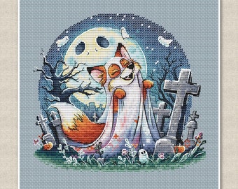 Halloween Cross Stitch: Fox in Ghost Costume Roaming Cemetery Pattern,  Cute ghost, Spooky, funny Halloween, Digital instant Download pdf