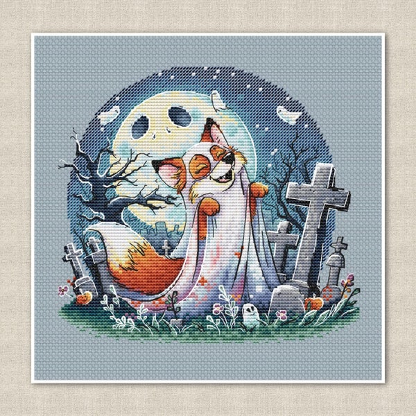 Halloween Cross Stitch: Fox in Ghost Costume Roaming Cemetery Pattern,  Cute ghost, Spooky, funny Halloween, Digital instant Download pdf