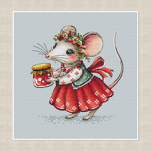 May include: Cross-stitch design of a mouse wearing a red dress and floral crown, holding a jar of jam. The mouse has pink ears and a long tail. The background is a light blue, textured pattern.